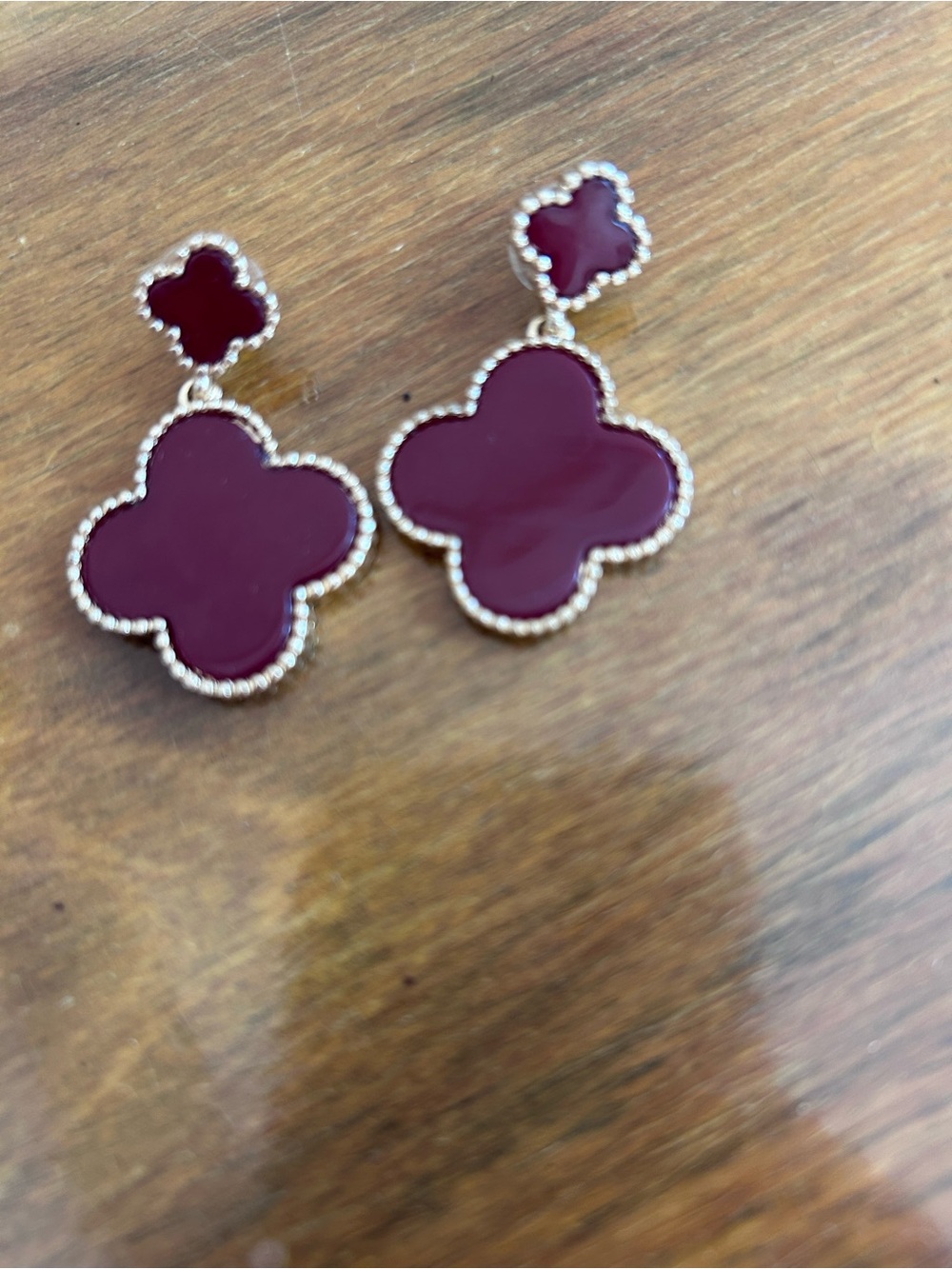 Clover Drop Earrings in Deep Burgundy with Gold Trim